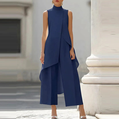 Women's Summer Office Outfits Casual Irregular Two Piece Sets Spring Elegant O Neck Sleeveless Tank Top & Wide Leg Trousers Suit Good Vibrations