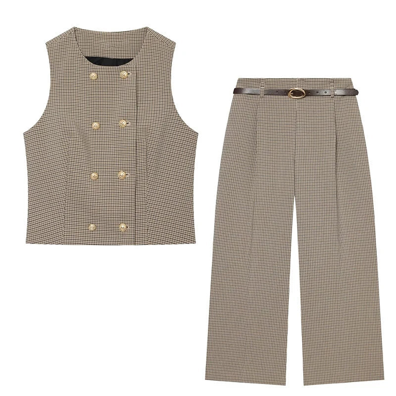 Women's Pant Two Piece Outfit Sleeveless O Neck Vest Blazer High Waist Wide Leg Belt Pants Elegant Office Lady Autumn New Suit Good Vibrations