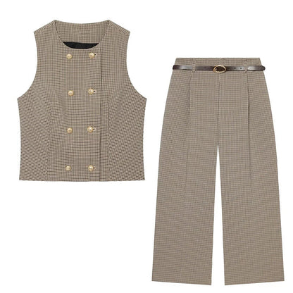Women's Pant Two Piece Outfit Sleeveless O Neck Vest Blazer High Waist Wide Leg Belt Pants Elegant Office Lady Autumn New Suit Good Vibrations