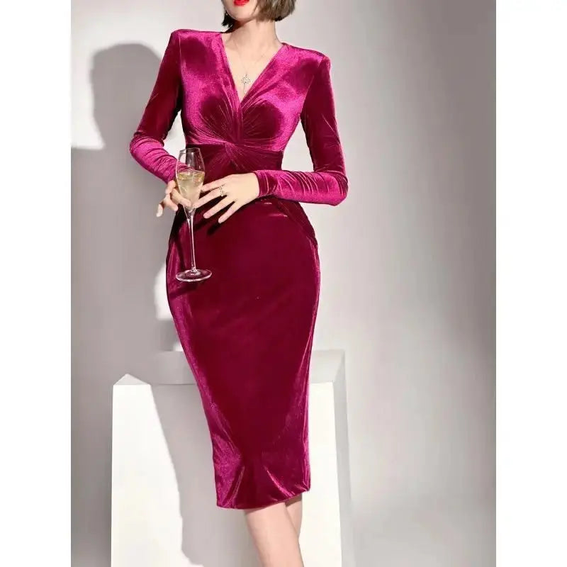 Golden Velvet Fashionable Temperament Long Sleeved Dress GOOD Vibrations