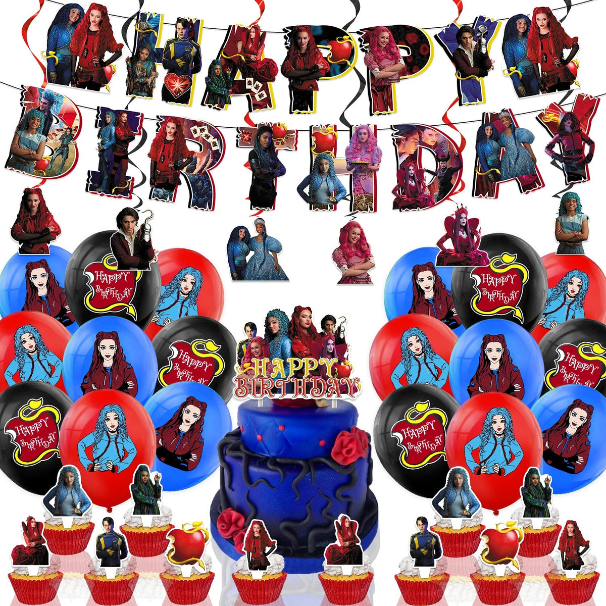 Descendant Birthday Party Decorations Includes Banner, Cake Topper, Hanging Swirl and Balloon Perfect for Rise Red Party Favors Good Vibrations