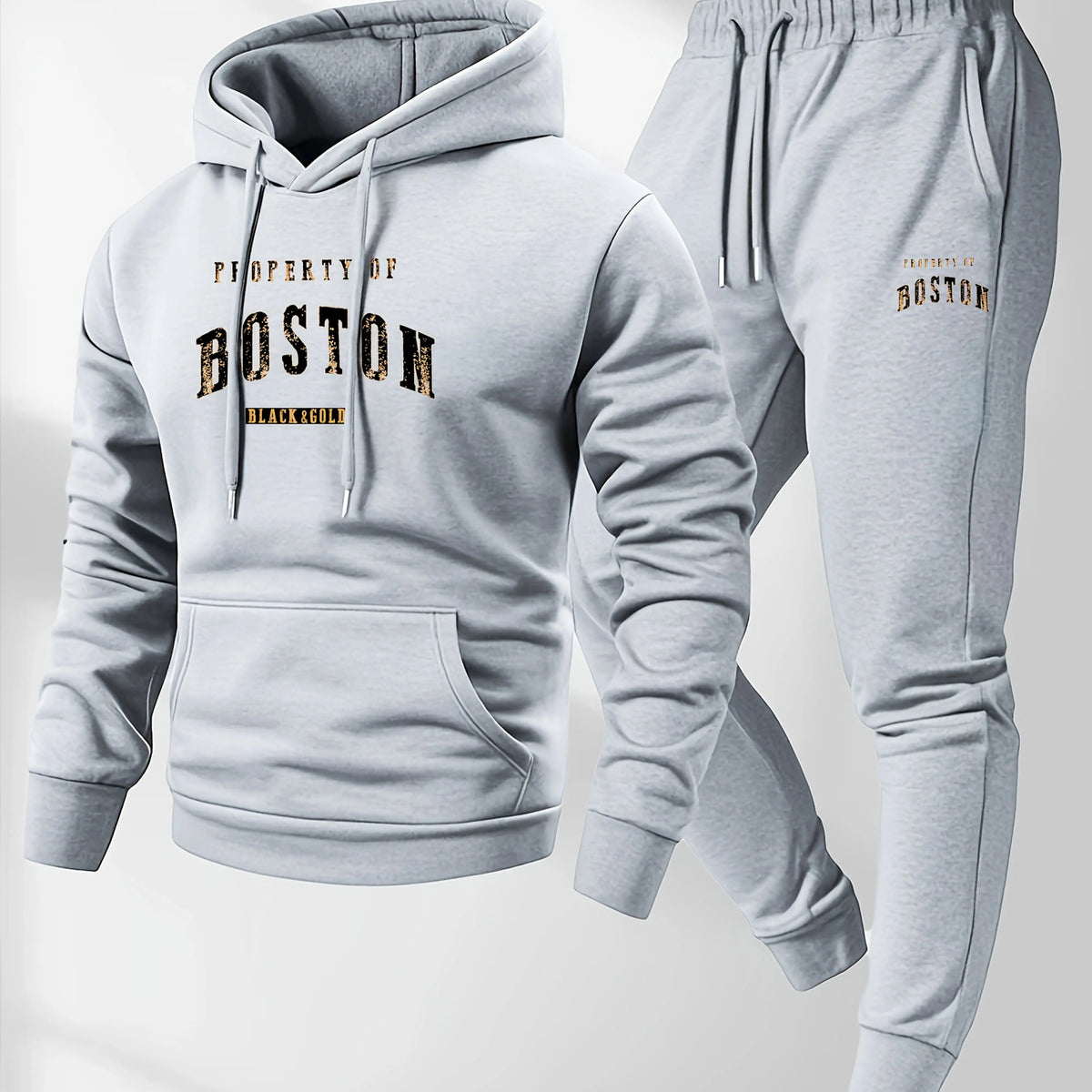 Men's Boston print hooded sweatshirt and sweatpants soft and comfortable thin velvet warm sweatpants set autumn and winter Good Vibrations