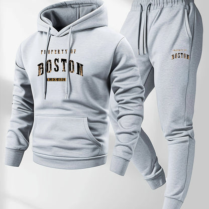 Men's Boston print hooded sweatshirt and sweatpants soft and comfortable thin velvet warm sweatpants set autumn and winter Good Vibrations