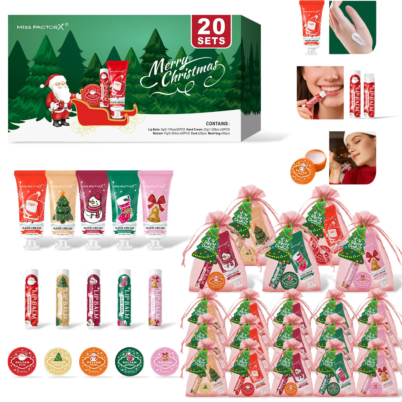 Christmas assembly gift set -20 sets, including balm, hand cream, lipstick, red gauze bag, Christmas tree thank you card Good Vibrations