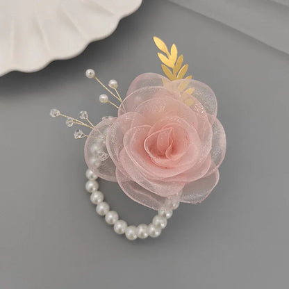 Girls Bridesmaid Wrist Flowers Pearl Ribbon Rose Bracelet for Wedding Prom Party Bride to Be Bridesmaid Gift Wedding Accessories Good Vibrations