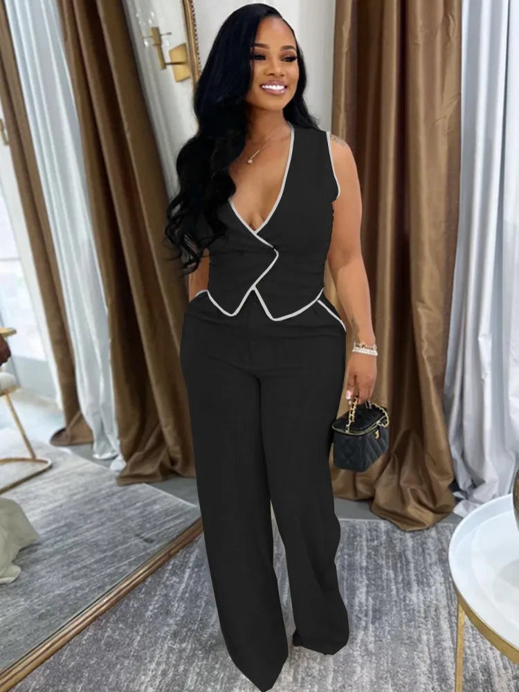 2 Piece Women Sets 2025 Summer Autumn New Arrival Matching Sets Black Color Two Pieces Sets Top Pants Suits Outfits Clothing Good Vibrations