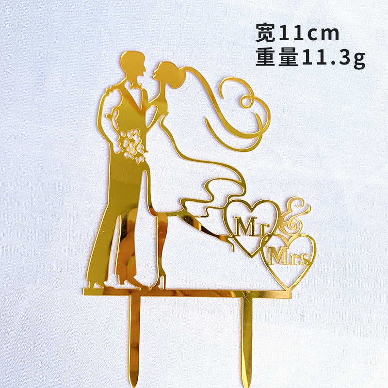 Mrs & Mrs Wedding Party Cake Topper Gold Black Ring Acrylic Wedding Cake Toppers Dessert Decoration Bride Groom Baking Supplies Good Vibrations