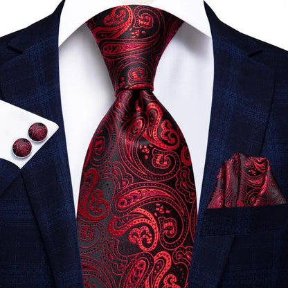 Hi-Tie Designer Red Burgundy Plaid Silk Wedding Tie For Men Handky Cufflink Gift Mens Necktie Fashion Business Party Dropshiping Good Vibrations