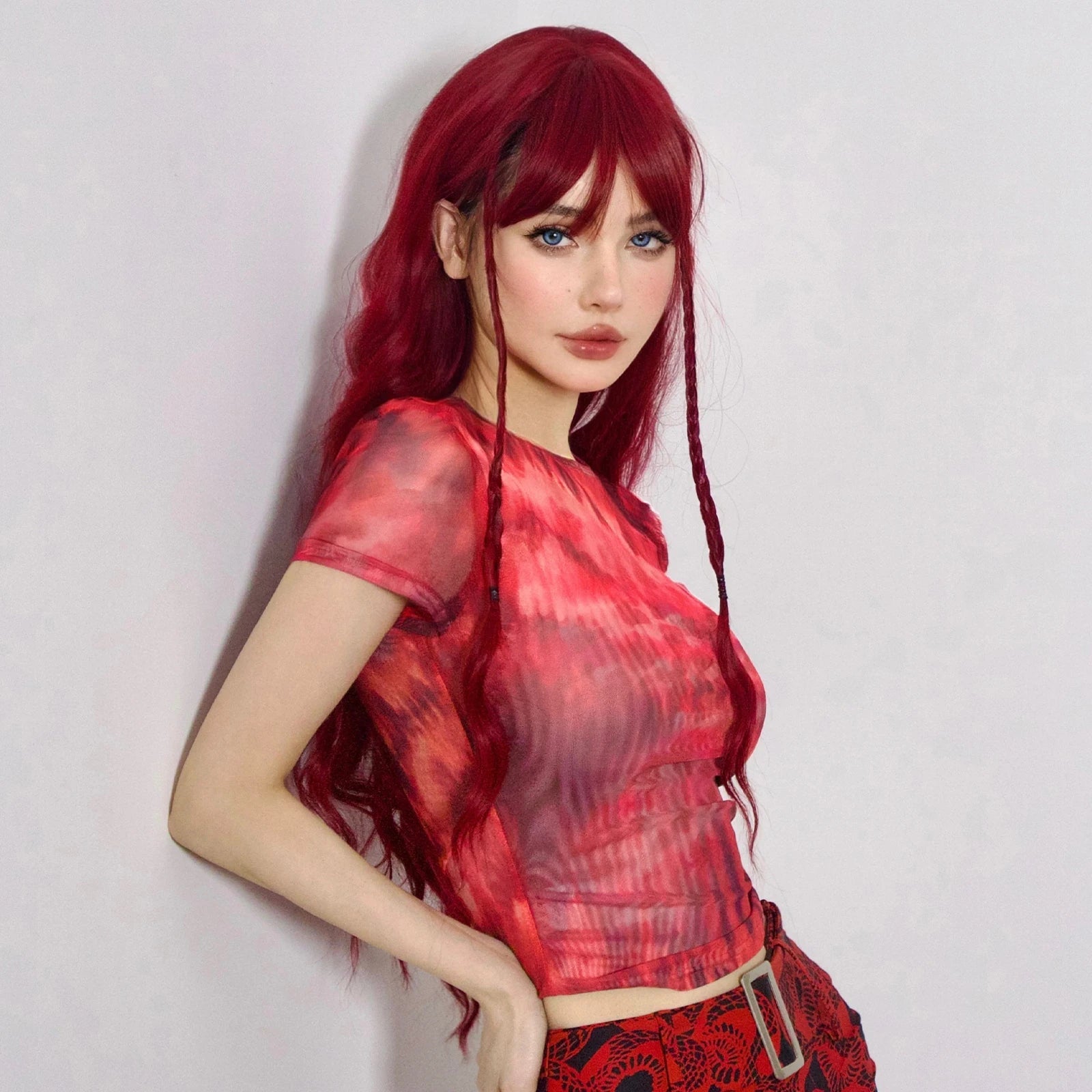 Wine Red Burgundy Synthetic Wigs for Women Long Curly Wave Cosplay Party Red Wigs with Bangs Natural Heat Resistant Daily Wigs Good Vibrations