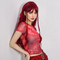 Wine Red Burgundy Synthetic Wigs for Women Long Curly Wave Cosplay Party Red Wigs with Bangs Natural Heat Resistant Daily Wigs Good Vibrations