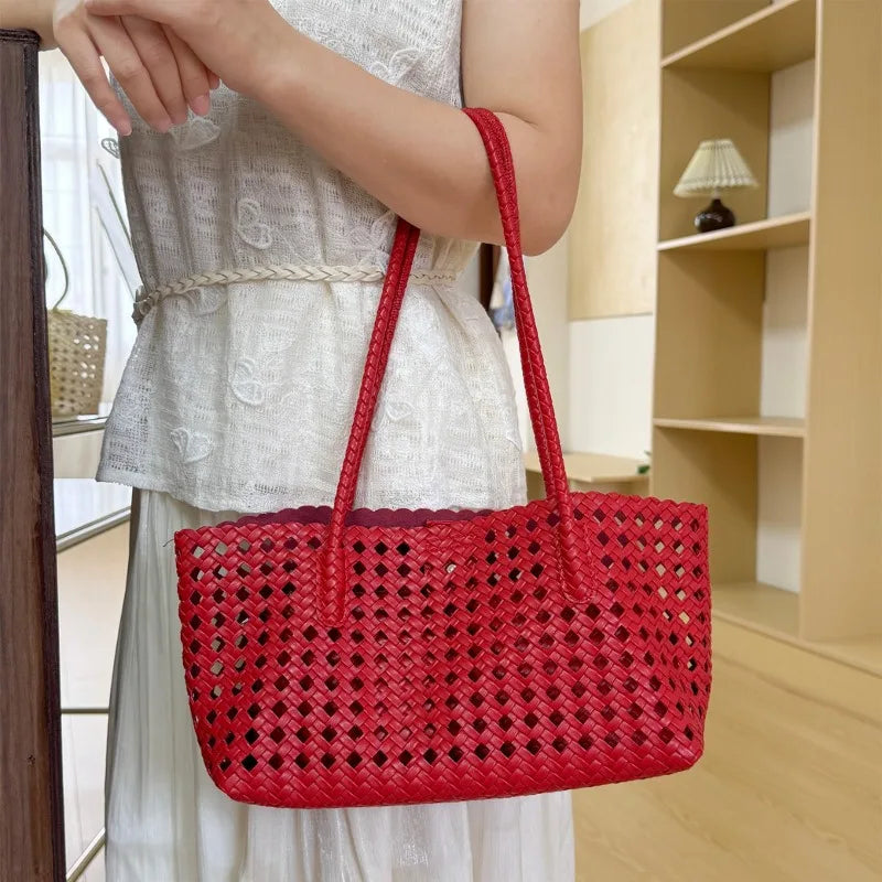 2026 New Fashion Hollow Out Woven Tote Bag for Women Large Capacity Commute Single Shoulder Handbag for Summer Good Vibrations