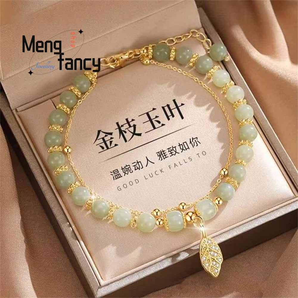 Natural Hetian Jasper Golden Branch Jade Leaves Bracelet Exquisite Sexy Young Girls Fashion Jewelry Best Selling Holiday Gift Good Vibrations