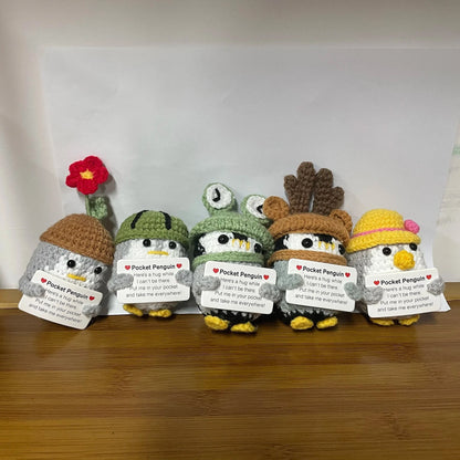 Crochet Energy Penguin Hug Pocket Mini Hand-woven Plush Wool Knitting Doll with Card Funny Christams Gift Home Room Decoration Good Vibrations