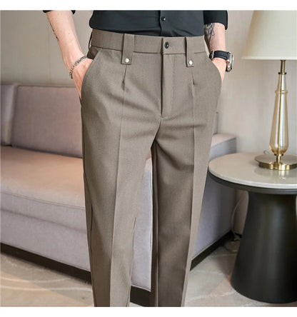 Mens Suit Pants 2025 Autumn New British Style Elastic Waist Solid Casual Formal Dress Pants Slim Fit Trousers for Men Clothing Good Vibrations