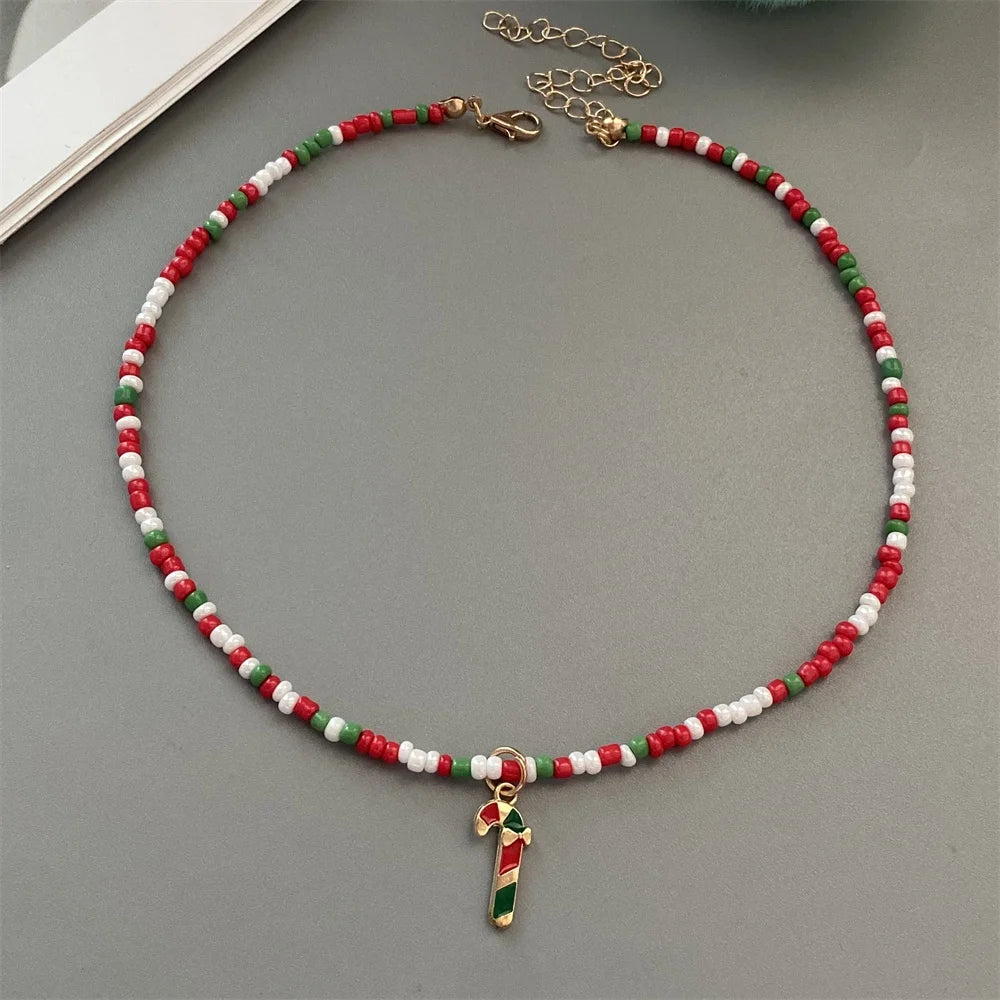 Christmas Necklaces for Women Girls Handmade Rice Beads X'mas Tree Santa Claus Snowman Gift Necklace Pendant New Year Jewelry Good Vibrations