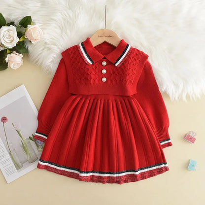 Bear Leader Kids Dresses for Girls Pearl Button Tricolor Striped Lapel Knit Skirt Winter College Style Children's Clothing Good Vibrations