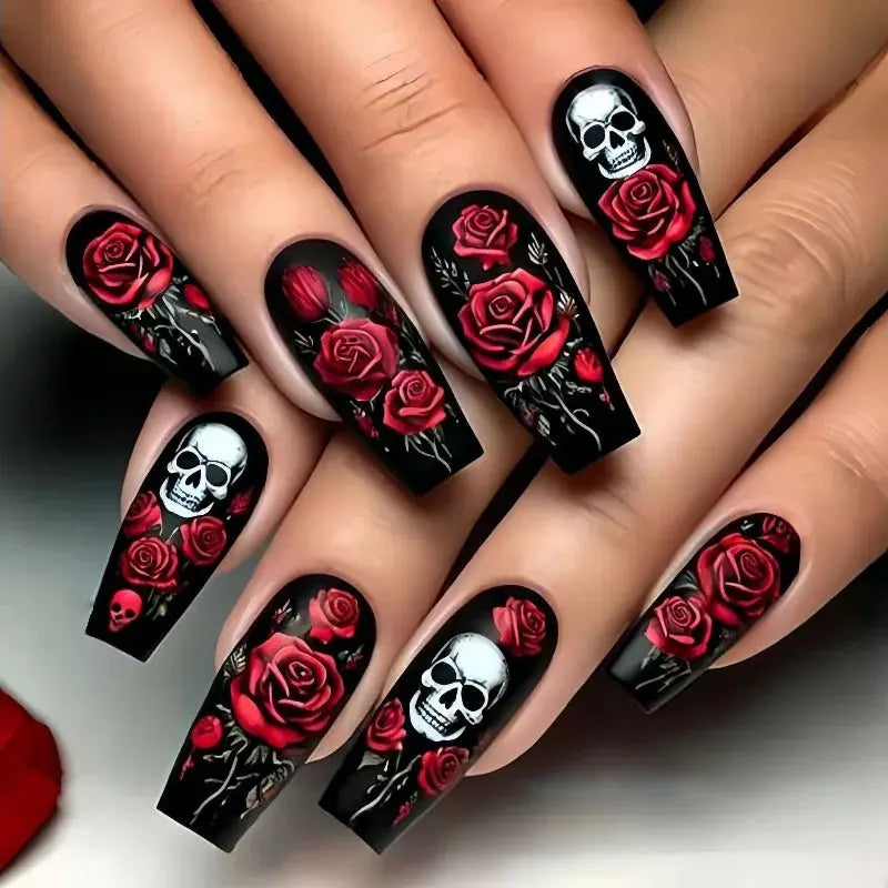 24 Halloween Nail Art Medium-Length Ballet Nails Press Ons with Design Red Rose Skullpcs False Nails for Girls Paste Nails 2025 Good Vibrations
