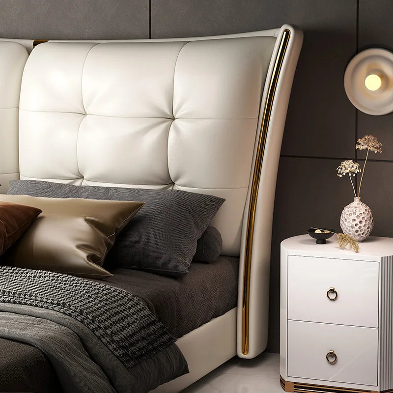 Light Luxury Leather King/Queen Bed Modern Soft Package Bed and Bedside Table for Bedroom Wedding Bed Solid Wood Bed Frame Good Vibrations
