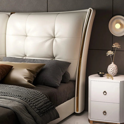 Light Luxury Leather King/Queen Bed Modern Soft Package Bed and Bedside Table for Bedroom Wedding Bed Solid Wood Bed Frame Good Vibrations