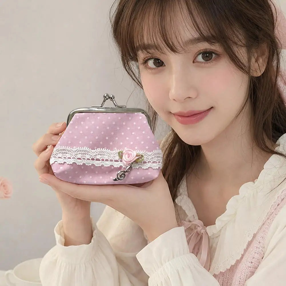 Cute Y2k Coin Purses Lady Small Wallet Wave Dot Handmade Lace Showa Rose Vintage Bag Hanging Pendant Earphone Bag Wallet Good Vibrations