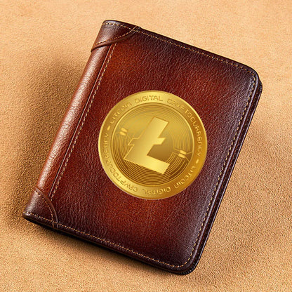 High Quality Genuine Leather Men Wallets Golden Bitcoin Sign Printing Short Card Holder Purse Billfold Men's Wallet BK1003 Good Vibrations