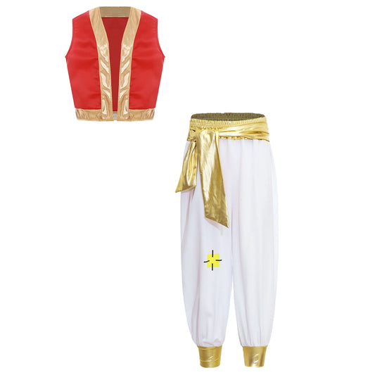 #6-16 Arab Prince Costume Persian Arabian Halloween Role Play Cap Sleeves Vest Waistcoat with Harem Pant Suit Carnival Outfits Good Vibrations