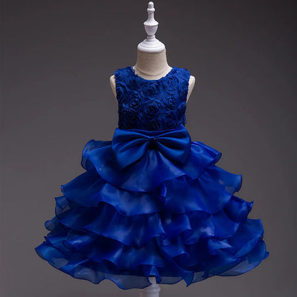Girl's bow dress A dress with suspenders Rose flower girl wedding dress