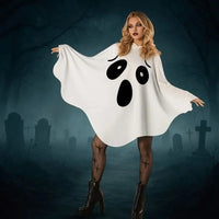 White Halloween Cloak Cape Black Eye Trick-or-Treat Spooky Ghost Poncho Robe Smock Style Fancy Dress Ghost Cosplay Costume Women Good Vibrations