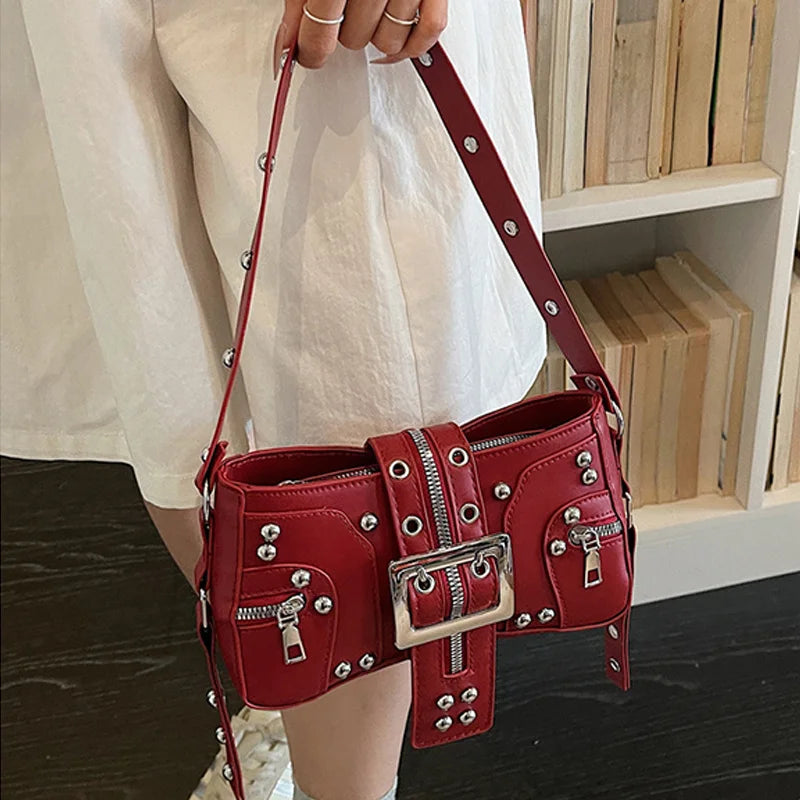 Shoulder Bag for Women Punk Style Purse PU Leather Rock Fashion Handbags with Rivet Small Trendy Armpit Purse Bolso Mujer сумка Good Vibrations