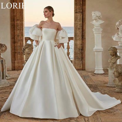 LORIE Elegant Satin Wedding Dresses Strapless Ruffle Sleeves A-Line Pleated Bride Prom Gown 2025 Romantic Bridal Gown Customized
