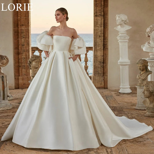 LORIE Elegant Satin Wedding Dresses Strapless Ruffle Sleeves A-Line Pleated Bride Prom Gown 2025 Romantic Bridal Gown Customized