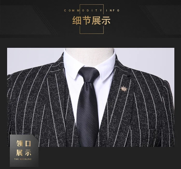 2025 Suit (suit + Vest + Trousers) Single Button Fashion Business Vertical Stripe Gentleman Suit Korean Suit Three-piece Suit Good Vibrations