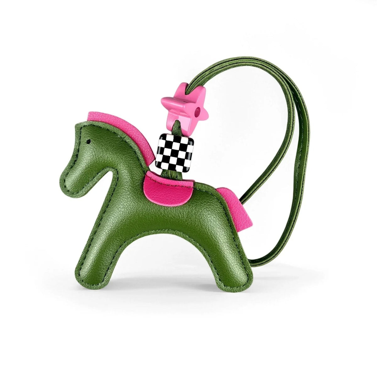 Chic PU Leather Pony Bag Charm, Lucky Clover & Checkered Bead Pendant, Y2K Boho Purse Accessory, Gift for Her Good Vibrations