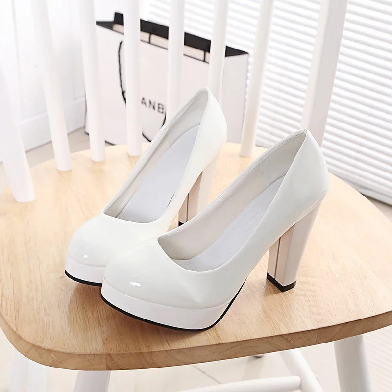 High Heels Shoes Women White Wedding Shoes Thick 10 CM Heels Fashion Party Pumps Footwear Black Red Round Zapatos De Mujer Good Vibrations