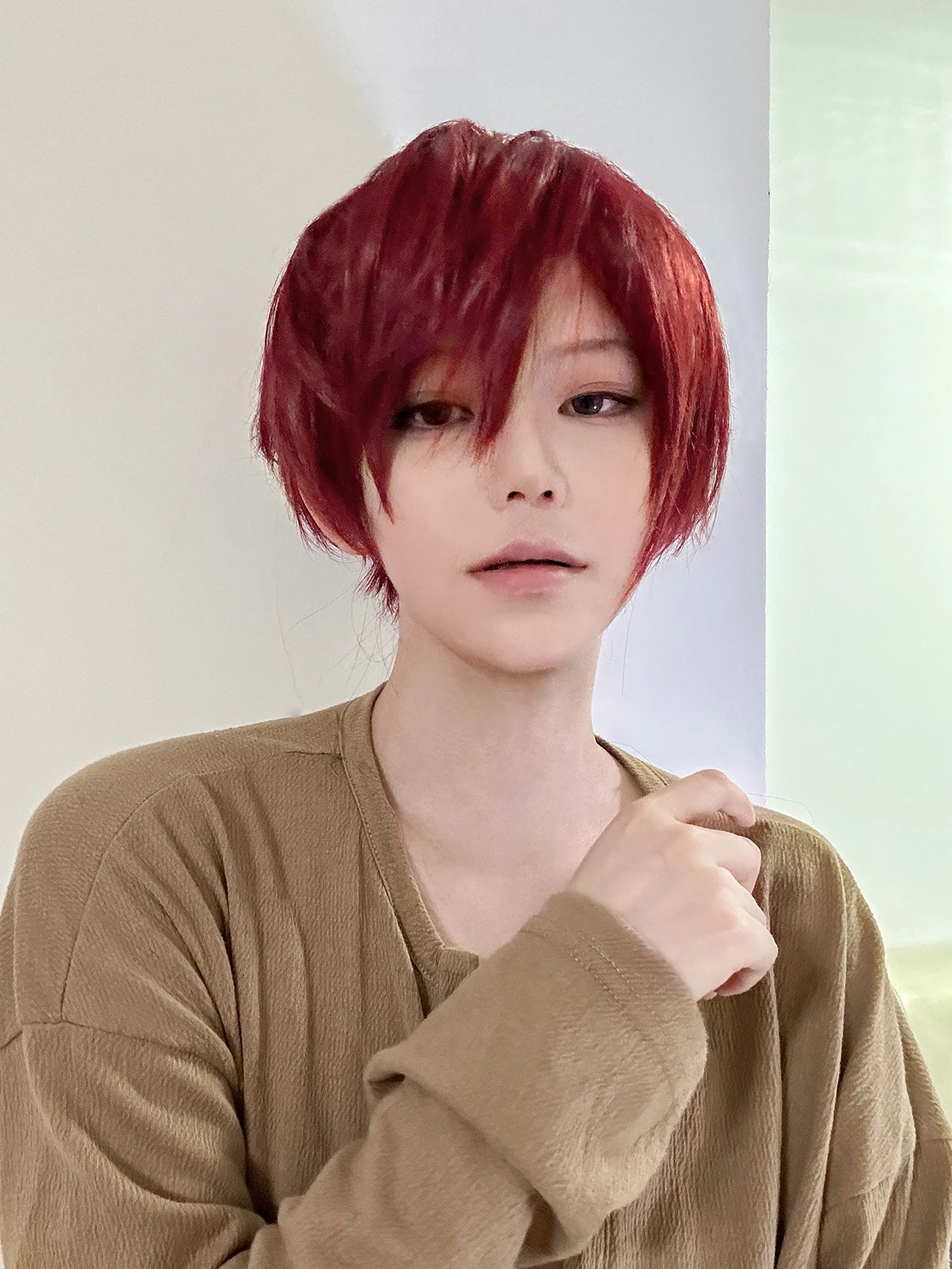8Inch Wine Red Color Handsome Synthetic Wigs With Bang Short Straight Hair Wig For Man or Women Daily Use Cosplay Heat Resistant Good Vibrations