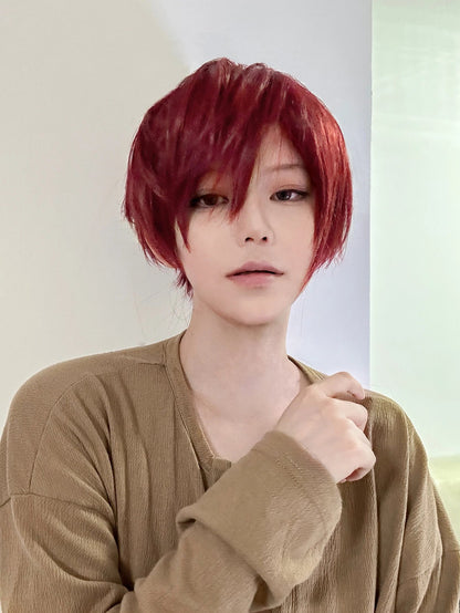 8Inch Wine Red Color Handsome Synthetic Wigs With Bang Short Straight Hair Wig For Man or Women Daily Use Cosplay Heat Resistant Good Vibrations