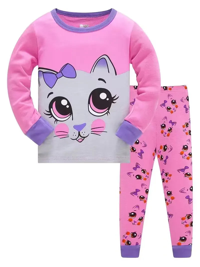 2pcs Girls Casual Cartoon Unicorn Print Crew Neck Pink Cotton Pajama Sets Good Vibrations