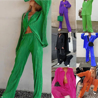 New Two Piece Set Women Outfits Pleated Women's Elegant  Drape Loose Sets Shirt High Waist Trousers Female Suit Fashion Casual Good Vibrations