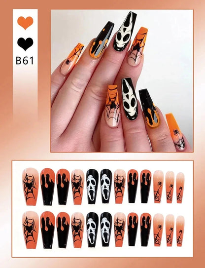24pcs Halloween Nails Glitter Pink Sequin Fake Nail Patch Scary Skull Love Heart Pattern Artificial Nails Full Cover Wearable Good Vibrations