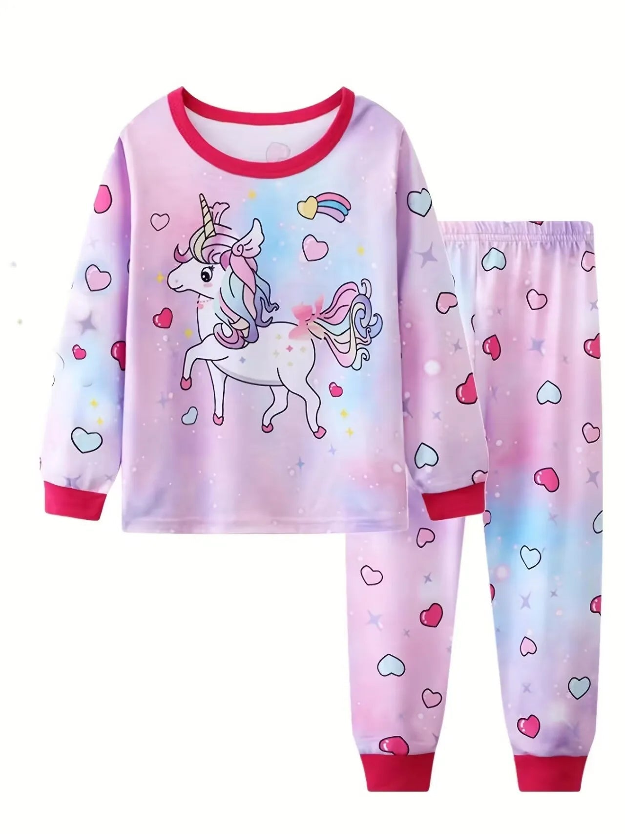2pcs Girls Casual Cartoon Unicorn Print Crew Neck Pink Cotton Pajama Sets Good Vibrations