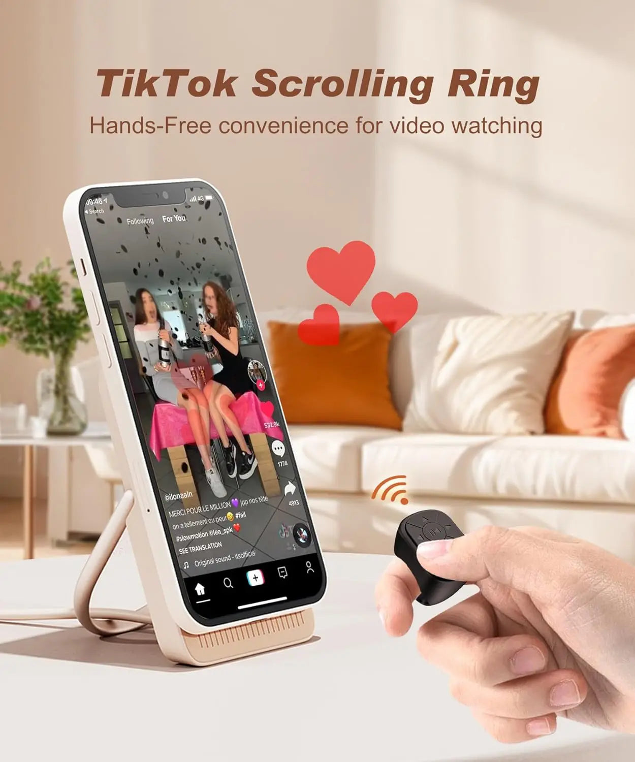 Tiktok Scrolling Ring Tiktok Remote Control Is Suitable for Iphone, iPad Bluetooth Page Turning Ring Roller, Both Camera Shutter, Short Video and Music Remote Control Function, Compatible with Ios and Android Phones Good Vibrations