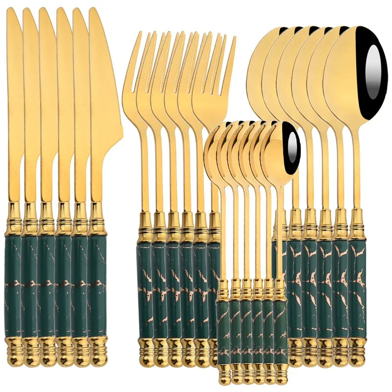 24Pcs Cutlery Set Stainless Steel Dinnerware Kitchen Fork Knife Tea Spoon Tableware Set Flatware Set Gold Silverware Set Good Vibrations