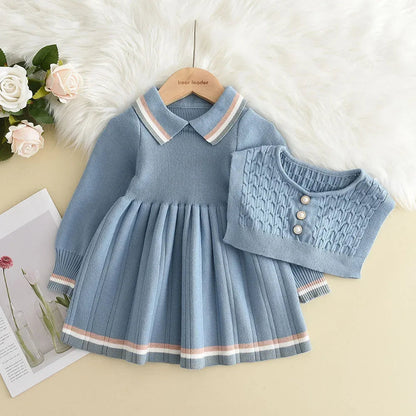 Bear Leader Kids Dresses for Girls Pearl Button Tricolor Striped Lapel Knit Skirt Winter College Style Children's Clothing Good Vibrations