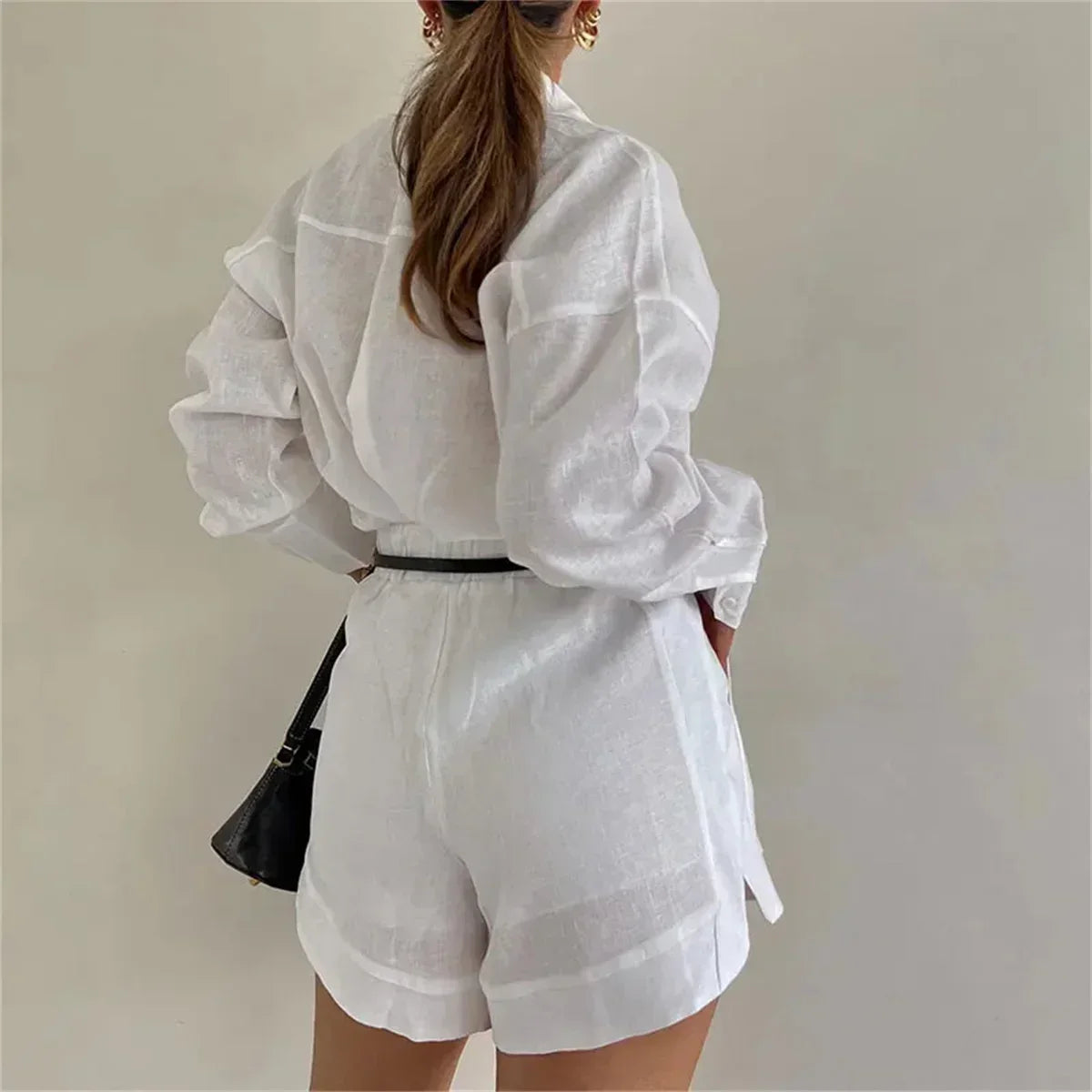 2026 New Short Sets Women Shirts Long Sleeve Cotton Linen Loose Blouse High Waist Shorts Suit Summer 2 Piece Sets Womens Outfits Good Vibrations