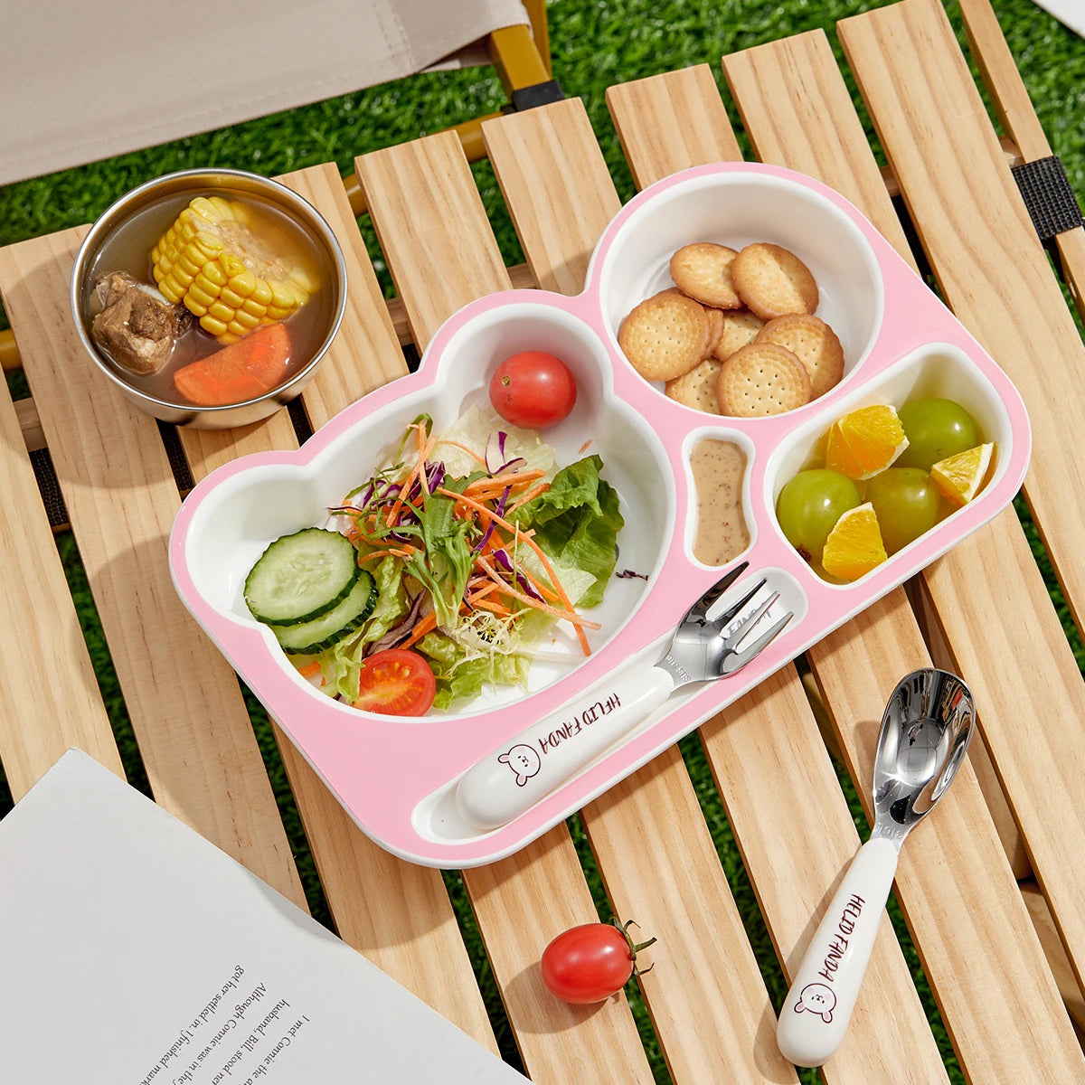 WORTHBUY Cartoon Plastic Divided Dinning Plate With Bowl Durable Bento Lunch Box For Kids Microwave Heatable Reusable Food Plate Good Vibrations