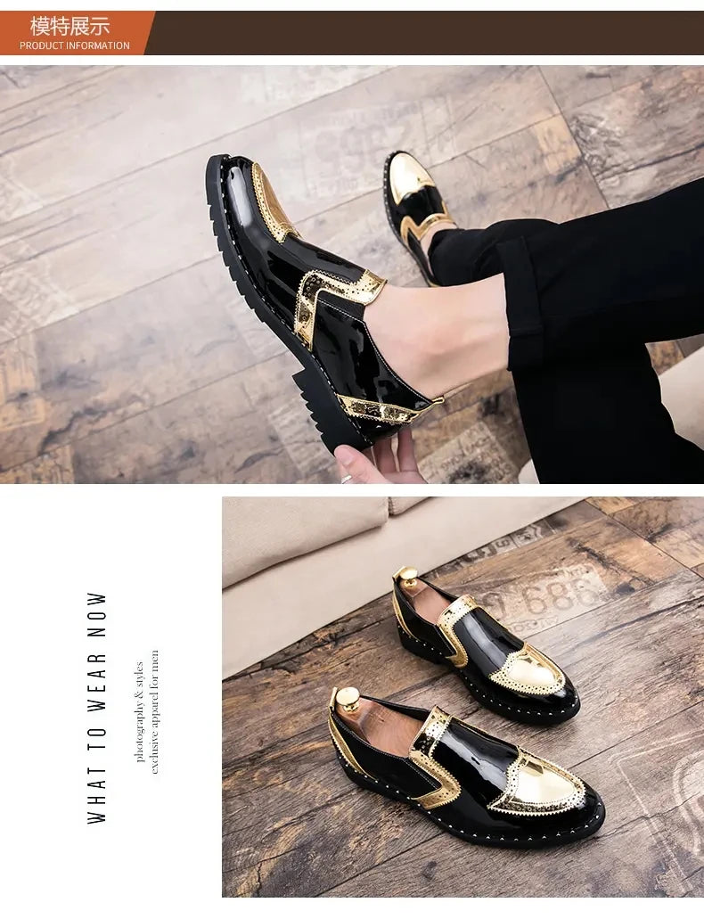 Fashionable Formal Men Shoes Lightweight Outdoor Loafers Thick Soled Wear-resistant Leather Shoes Black Gold andSilverSizes38-48 Good Vibrations