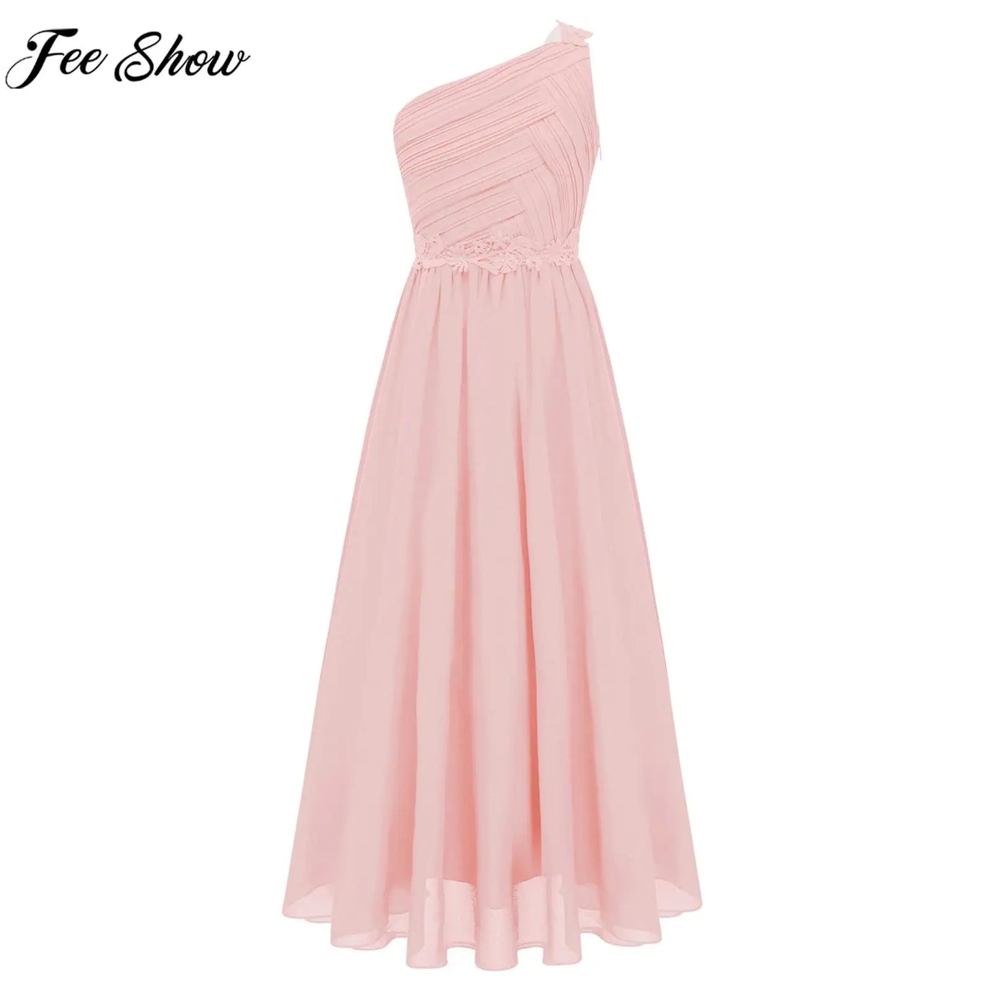 Girls Wedding Bridesmaid Dress One Shoulder Elegant Guipure Lace Ruched Chiffon Maxi Party Dresses Birthday Evening Prom Gown Good Vibrations