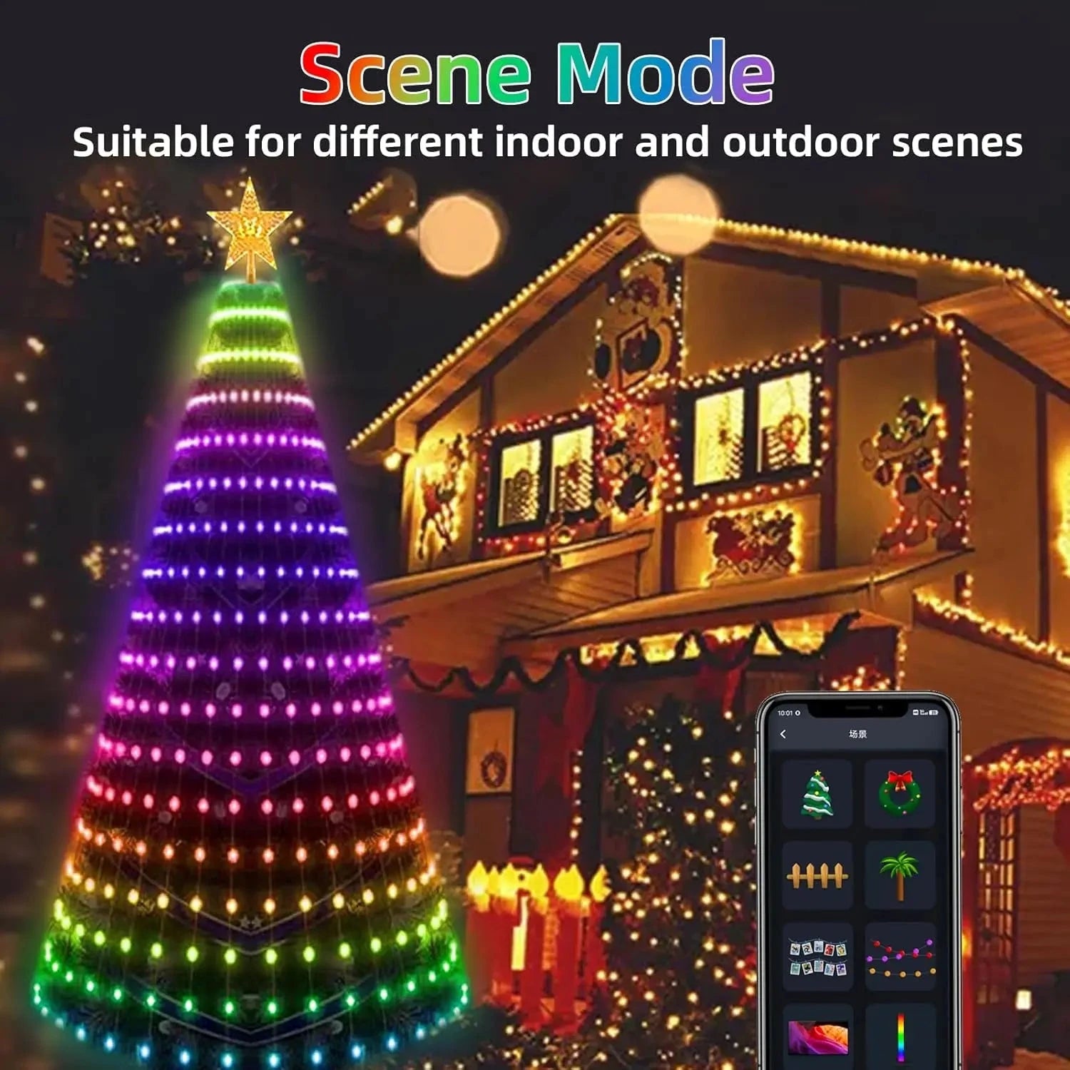 Smart Christmas Tree Lights with Star Topper, Music Sync Outside String Lamps with Remote & APP Controlled for Yard Display Good Vibrations