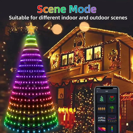 Smart Christmas Tree Lights with Star Topper, Music Sync Outside String Lamps with Remote & APP Controlled for Yard Display Good Vibrations