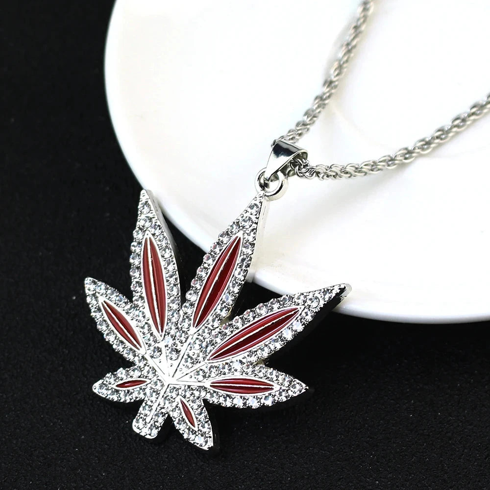 Rhinestone Weed Pendant Necklace Maple Leaf Necklaces Gold Color Chains for Women men Male Steampunk Jewelry Good Vibrations Adult Super Store
